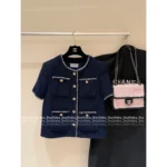 Chanel 2025A Early Fall Haute Atelier Collection 💙 Women's Navy Tweed Short-Sleeve Jacket - Round Neck + Four-Pocket Design - Image 12