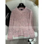 Chanel 2025A Early Fall Collection 🎀 Women’s Dusty Pink Jacquard Cardigan - Wool Blend w/ Pocket Detail (Haute Minimalism) - Image 6