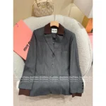 miumiu 2025SS Early Fall Collection 🩶 Mock Two-Piece Blazer - Notch Collar w/ Vertical Stripes & Signature Logo - Image 4