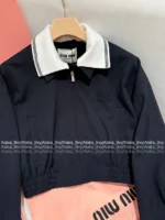 miumiu 25SS Fall Collection 🖤 American Campus Style Jacket - Color-Block Letterman Jacket with Zip Detail - Image 2