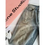 ACNE STUDIOS 2025 New Collection 🪐 Heavy Enzyme Wash Wide-Leg Jeans - Leather Patch Pocket Denim Pants - Image 5