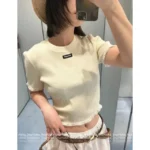 miumiu 2025 Spring/Summer New Collection 🤍 Classic Logo Beaded Top - Heavyweight Crystal Embroidered Round Neck Sheer Top - Image 17