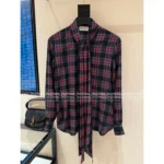Saint Laurent 2025 Early Fall Collection 🖤 ROSÉ-Inspired Plaid Silk Shirt - Detachable Ribbon Tie & Dramatic Cuffs (Blackpink Style) - Image 11
