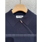 miumiu 25SS Early Fall Collection 🔛 Women's Navy Cashmere Polo Tee - Zip-Up Collared Short Sleeve w/ Imported Goat Wool - Image 2