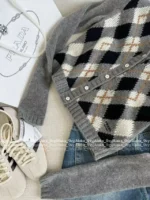 Prada 2025SS Fall/Winter Collection 🆕 Celebrity-Inspired Cashmere Sweater - Preppy Argyle Pullover with Youthful Charm 🐑 - Image 13