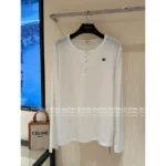 Celine 25SS Early Fall Collection 🔎 100% Comfort Cotton Tee - Embroidered Logo Round Neck Button-Detail Long Sleeve - Image 3