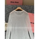 miumiu 2025 Spring/Summer New Collection 🤍 Classic Logo Beaded Top - Heavyweight Crystal Embroidered Round Neck Sheer Top - Image 11