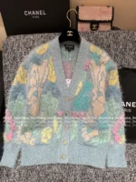Chanel 25B Early Fall Collection 🌈 Macaron Ice Blue Tie-Dye Cardigan - Long-Hair Mohair/Wool Blend Knit Coat - Image 10
