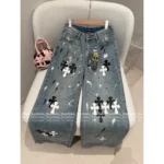 CHROME HEARTS 🖤 2025 Early Fall New Collection — Colorblock Leather Cross Logo High-Waist Slimming Enzyme-Washed Wide-Leg Jeans - Image 10