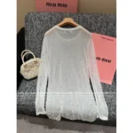 miumiu 2025 Spring/Summer New Collection 🤍 Classic Logo Beaded Top - Heavyweight Crystal Embroidered Round Neck Sheer Top - Image 9