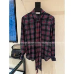 Saint Laurent 2025 Early Fall Collection 🖤 ROSÉ-Inspired Plaid Silk Shirt - Detachable Ribbon Tie & Dramatic Cuffs (Blackpink Style) - Image 7