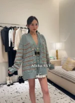 Chanel 24K Haute Atelier Collection 🤎 100% Cashmere Cardigan - V-Neck Striped Knit with Beaded Ruffle Sleeves - Image 29