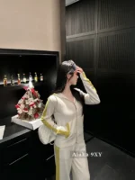 Chanel 2025C Early Spring Collection ❕ Cashmere Edition Lounge Set - Minimalist Contrast-Hem Hooded Coat & Wide-Leg Pants - Image 2