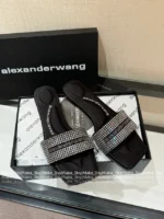 ALEXANDERWANG 2025SS Spring/Summer Collection 🎀 Crystal-Embellished Logo Slides - Leather-Sole Women's Sandals - Image 18