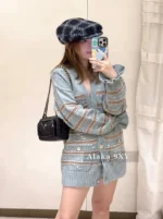 Chanel 24K Haute Atelier Collection 🤎 100% Cashmere Cardigan - V-Neck Striped Knit with Beaded Ruffle Sleeves - Image 27