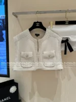Chanel 2025A Early Fall Collection 🤍 Socialite Style Vest - Crochet Pocket & Crystal Button Waistcoat Women's Top - Image 17