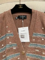 Chanel 24K Haute Atelier Collection 🤎 100% Cashmere Cardigan - V-Neck Striped Knit with Beaded Ruffle Sleeves - Image 25
