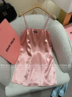 miumiu 2025SS Spring/Summer Collection 🎀 Satin Slip Dress - Pink Glossy Strapless Mini with Embroidered Logo - Image 20