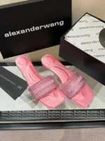 ALEXANDERWANG 2025SS Spring/Summer Collection 🎀 Crystal-Embellished Logo Slides - Leather-Sole Women's Sandals - Image 13