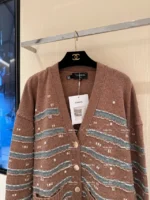 Chanel 24K Haute Atelier Collection 🤎 100% Cashmere Cardigan - V-Neck Striped Knit with Beaded Ruffle Sleeves - Image 23
