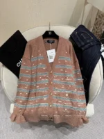 Chanel 24K Haute Atelier Collection 🤎 100% Cashmere Cardigan - V-Neck Striped Knit with Beaded Ruffle Sleeves - Image 21