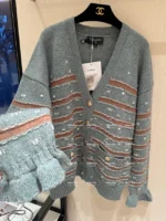 Chanel 24K Haute Atelier Collection 🤎 100% Cashmere Cardigan - V-Neck Striped Knit with Beaded Ruffle Sleeves - Image 20