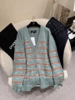 Chanel 24K Haute Atelier Collection 🤎 100% Cashmere Cardigan - V-Neck Striped Knit with Beaded Ruffle Sleeves - Image 19