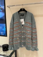 Chanel 24K Haute Atelier Collection 🤎 100% Cashmere Cardigan - V-Neck Striped Knit with Beaded Ruffle Sleeves - Image 33
