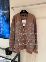 Chanel 24K Haute Atelier Collection 🤎 100% Cashmere Cardigan - V-Neck Striped Knit with Beaded Ruffle Sleeves - Image 48