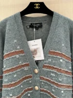 Chanel 24K Haute Atelier Collection 🤎 100% Cashmere Cardigan - V-Neck Striped Knit with Beaded Ruffle Sleeves - Image 46