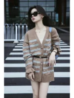 Chanel 24K Haute Atelier Collection 🤎 100% Cashmere Cardigan - V-Neck Striped Knit with Beaded Ruffle Sleeves - Image 45