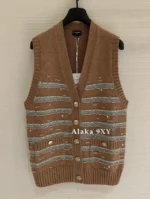 Chanel 24K Haute Atelier Collection 🤎 100% Cashmere Cardigan - V-Neck Striped Knit with Beaded Ruffle Sleeves - Image 43