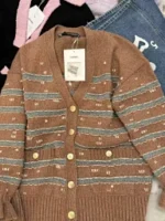 Chanel 24K Haute Atelier Collection 🤎 100% Cashmere Cardigan - V-Neck Striped Knit with Beaded Ruffle Sleeves - Image 51