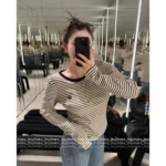 Celine 2025SS Early Fall Collection 🔍 Black & White Contrast Knit Top - Slim-Fit Round Neck w/ Metal Logo Buttons