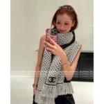 Chanel 25B Fall/Winter Collection 🧣 Black-White Cashmere Scarf - Gold Thread Fringe w/ Heart Jacquard Logo