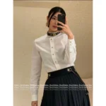 Louis Vuitton 2025SS Early Fall Collection 🤍 Women's White Shirt with Leather Trim - Genuine Leather Collar & Metal Button Details