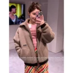 miumiu 2025SS Fall/Winter Collection 🔍 Women's Zip-Up Fleece Jacket - Cotton Sherpa w/ Wool Blend & Plush Pile