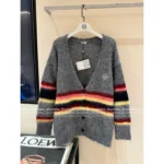 Loewe 2025SS Fall/Winter Collection 🩶 Rainbow Stripe Brushed Knit Coat - Tie-Dye Jacquard w/ Embroidered Logo & Wool Blend