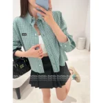 miumiu American Campus Style 🍏 2025SS Early Spring Collection - Classic Cropped Letter Logo Plaid Shirt with Notch Collar
