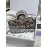 Dior 2025 Early Spring Limited Edition - D-Joy Satin Embroidered Lace Handbag - Grey Pearl Horizontal Tote