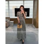 miumiu "French Retro Cottagecore Style" 🌼 2025SS Spring/Summer Collection - Bubble Sleeve Bow Tie V-Neck Print Maxi Dress