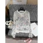 Dior 2025 Early Spring Collection 🌷 Heavy Floral Jacquard Logo Sheer Knit Top - Round Neck 100% Wool See-Through Blouse