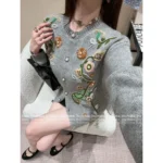BRUNELLO CUCINELLI 2025SS Fall/Winter Collection 🩶 Artisan Floral Jacquard Cardigan - Niche Design Grey Cashmere Blend Knit