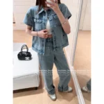 Dior 25SS Spring/Summer Collection 🤠 Heavy Enzyme Wash Denim Set - Embroidered Logo Short Sleeve Shirt & High-Waist Wide-Leg Pants