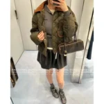 miumiu 25 New Autumn/Winter Collection Suede Patchwork Quilted Pocket Warm Army Green Cotton Jacket for Women - Image 4