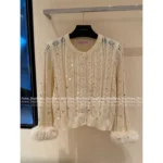 VALENTINO 2025SS Early Fall Runway Knit 🤍 Elegant Loop Yarn Cardigan with Pearl Buttons & Sequins** - Image 3