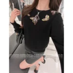 Chanel 25A Haute Atelier Collection 🔎 Heavy Crystal Embroidered Sweater - Black Cashmere Round Neck Pullover w/ Floral Motif - Image 12