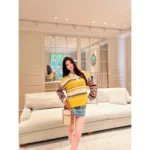 Celine 2025SS Spring/Summer Collection 🍋 American Retro "Spicy Girl" Top - Color-Block Oversized Shirt with Embroidered Logo - Image 11