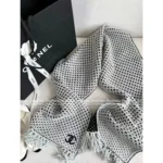 Chanel 25B Fall/Winter Collection 🧣 Black-White Cashmere Scarf - Gold Thread Fringe w/ Heart Jacquard Logo - Image 9