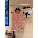 Chanel 2025P Early Spring Resort Collection 🏖️ Runway Crochet Vest - Heavy Fringe & Crystal Buckle / Sleeveless Knit Top - Image 14